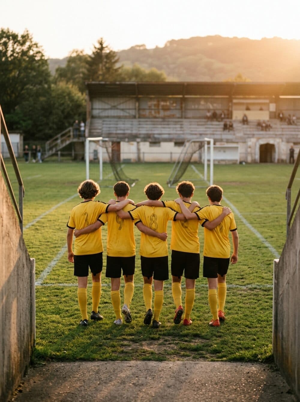Une équipe de sport local marche vers le terrain, bras sur les épaules.